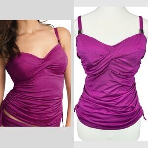 Ruched Tankini Swim Top Adjustable Straps Underwire Twist Front Purple 32F